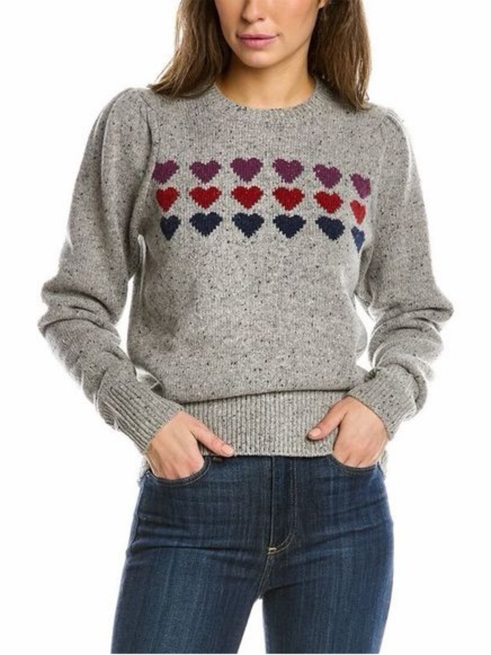 Brooks Brothers Wool Gray Crewneck Sweater with Red, Purple and Navy Heart Motif